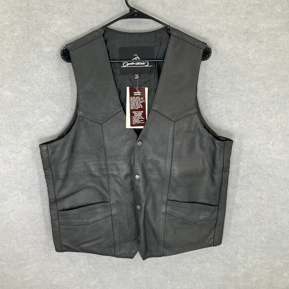 Cycle Leather Vest Mens‎ 46T Black Genuine Leather Motorcycle Biker Sleeveless